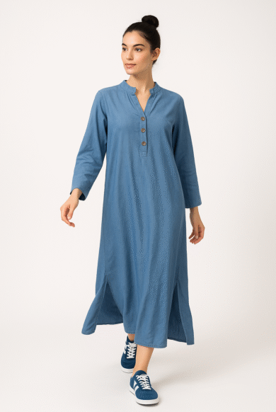 גלביה מבד כותנה בצבע כחול ג'ינס-דגם פיטנגו